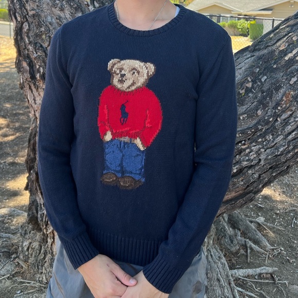 POLO BEAR RALPH LAUREN MEN BOY TEDDY KNIT SWEATER NAVY BLUE HOLIDAY CHRISTMAS S - Picture 4 of 13